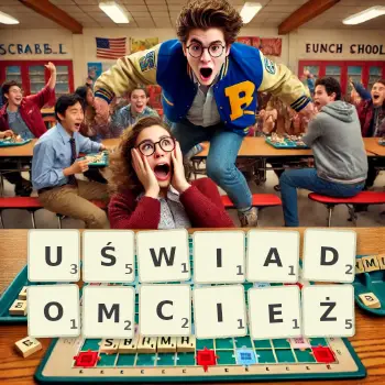 Kreatywna ilustracja do gry w Scrabble ze słowem UŚWIADOMCIEŻ ułożonym z płytek na planszy.