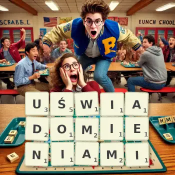 Kreatywna ilustracja do gry w Scrabble ze słowem UŚWIADOMIENIAMI ułożonym z płytek na planszy.