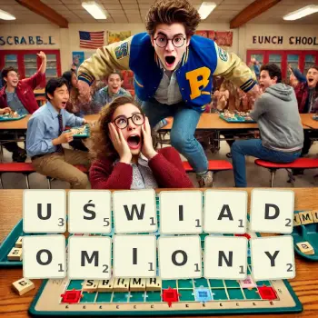 Kreatywna ilustracja do gry w Scrabble ze słowem UŚWIADOMIONY ułożonym z płytek na planszy.