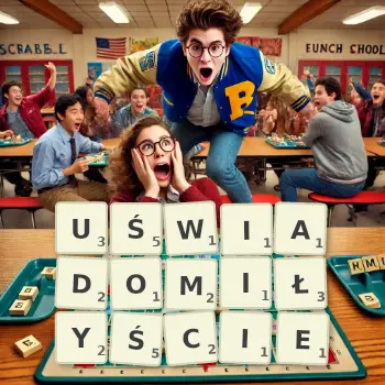 Kreatywna ilustracja do gry w Scrabble ze słowem UŚWIADOMIŁYŚCIE ułożonym z płytek na planszy.