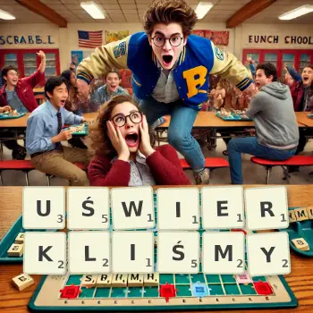 Kreatywna ilustracja do gry w Scrabble ze słowem UŚWIERKLIŚMY ułożonym z płytek na planszy.