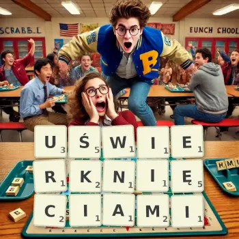 Kreatywna ilustracja do gry w Scrabble ze słowem UŚWIERKNIĘCIAMI ułożonym z płytek na planszy.