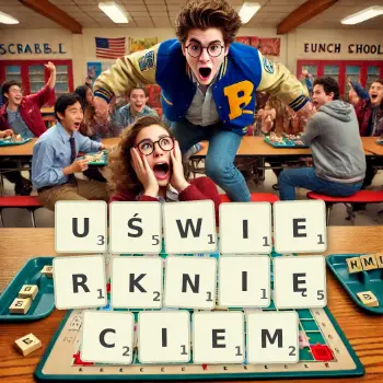 Kreatywna ilustracja do gry w Scrabble ze słowem UŚWIERKNIĘCIEM ułożonym z płytek na planszy.