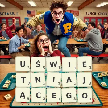 Kreatywna ilustracja do gry w Scrabble ze słowem UŚWIETNIAJĄCEGO ułożonym z płytek na planszy.