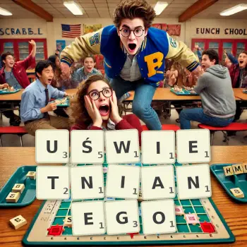 Kreatywna ilustracja do gry w Scrabble ze słowem UŚWIETNIANEGO ułożonym z płytek na planszy.