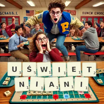 Kreatywna ilustracja do gry w Scrabble ze słowem UŚWIETNIANI ułożonym z płytek na planszy.