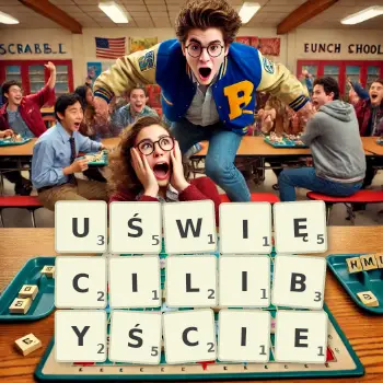 Kreatywna ilustracja do gry w Scrabble ze słowem UŚWIĘCILIBYŚCIE ułożonym z płytek na planszy.