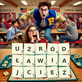 Kreatywna ilustracja do gry w Scrabble ze słowem UŹRÓDŁAWIAJCIEŻ ułożonym z płytek na planszy.