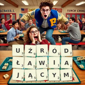 Kreatywna ilustracja do gry w Scrabble ze słowem UŹRÓDŁAWIAJĄCYM ułożonym z płytek na planszy.