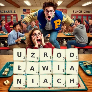 Kreatywna ilustracja do gry w Scrabble ze słowem UŹRÓDŁAWIANIACH ułożonym z płytek na planszy.