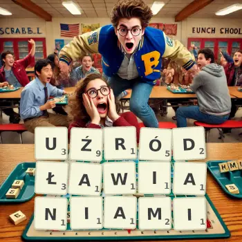 Kreatywna ilustracja do gry w Scrabble ze słowem UŹRÓDŁAWIANIAMI ułożonym z płytek na planszy.