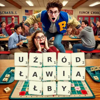 Kreatywna ilustracja do gry w Scrabble ze słowem UŹRÓDŁAWIAŁBY ułożonym z płytek na planszy.