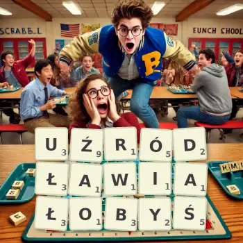 Kreatywna ilustracja do gry w Scrabble ze słowem UŹRÓDŁAWIAŁOBYŚ ułożonym z płytek na planszy.