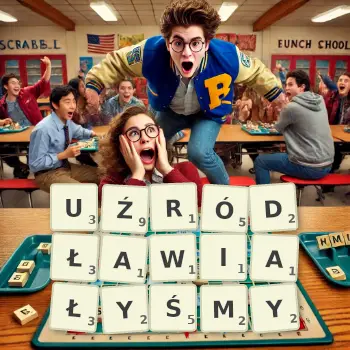 Kreatywna ilustracja do gry w Scrabble ze słowem UŹRÓDŁAWIAŁYŚMY ułożonym z płytek na planszy.