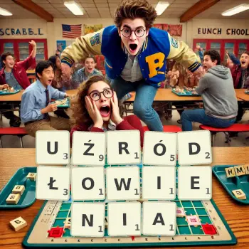 Kreatywna ilustracja do gry w Scrabble ze słowem UŹRÓDŁOWIENIA ułożonym z płytek na planszy.