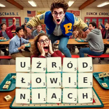 Kreatywna ilustracja do gry w Scrabble ze słowem UŹRÓDŁOWIENIACH ułożonym z płytek na planszy.