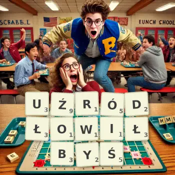 Kreatywna ilustracja do gry w Scrabble ze słowem UŹRÓDŁOWIŁBYŚ ułożonym z płytek na planszy.