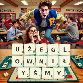 Kreatywna ilustracja do gry w Scrabble ze słowem UŻEGLOWNIŁYŚMY ułożonym z płytek na planszy.