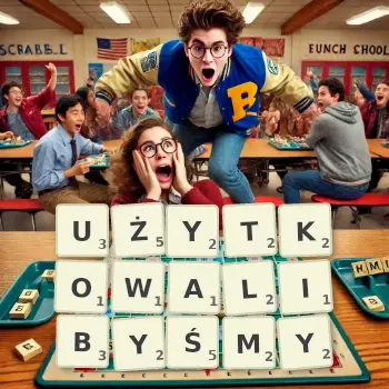 Kreatywna ilustracja do gry w Scrabble ze słowem UŻYTKOWALIBYŚMY ułożonym z płytek na planszy.