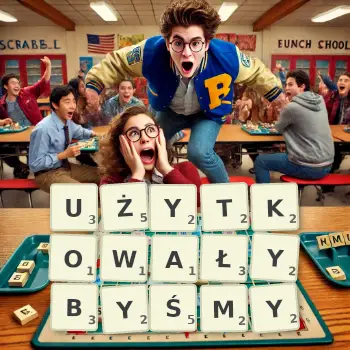 Kreatywna ilustracja do gry w Scrabble ze słowem UŻYTKOWAŁYBYŚMY ułożonym z płytek na planszy.