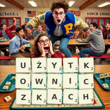 Kreatywna ilustracja do gry w Scrabble ze słowem UŻYTKOWNICZKACH ułożonym z płytek na planszy.