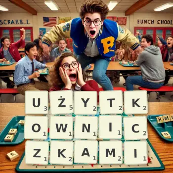 Kreatywna ilustracja do gry w Scrabble ze słowem UŻYTKOWNICZKAMI ułożonym z płytek na planszy.