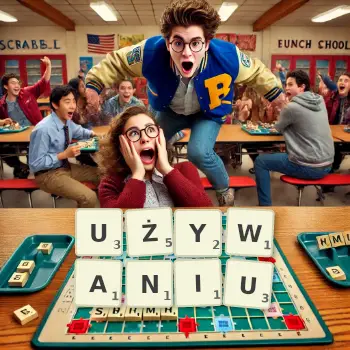 Kreatywna ilustracja do gry w Scrabble ze słowem UŻYWANIU ułożonym z płytek na planszy.