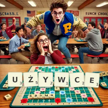 Kreatywna ilustracja do gry w Scrabble ze słowem UŻYWCE ułożonym z płytek na planszy.