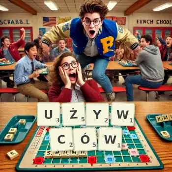 Kreatywna ilustracja do gry w Scrabble ze słowem UŻYWCÓW ułożonym z płytek na planszy.