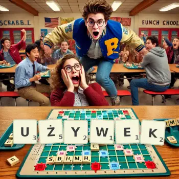 Kreatywna ilustracja do gry w Scrabble ze słowem UŻYWEK ułożonym z płytek na planszy.