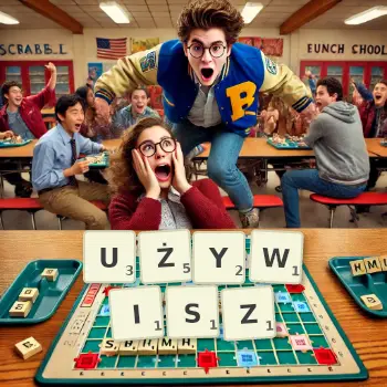 Kreatywna ilustracja do gry w Scrabble ze słowem UŻYWISZ ułożonym z płytek na planszy.