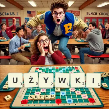 Kreatywna ilustracja do gry w Scrabble ze słowem UŻYWKI ułożonym z płytek na planszy.