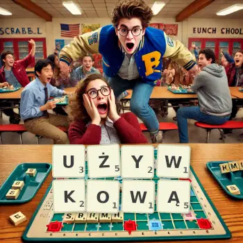 Kreatywna ilustracja do gry w Scrabble ze słowem UŻYWKOWĄ ułożonym z płytek na planszy.