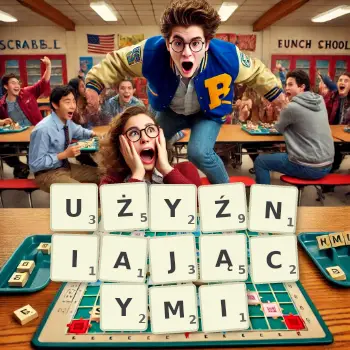 Kreatywna ilustracja do gry w Scrabble ze słowem UŻYŹNIAJĄCYMI ułożonym z płytek na planszy.