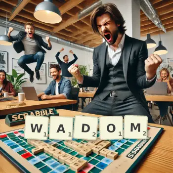 Kreatywna ilustracja do gry w Scrabble ze słowem WADOM ułożonym z płytek na planszy.
