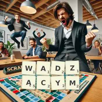 Kreatywna ilustracja do gry w Scrabble ze słowem WADZĄCYM ułożonym z płytek na planszy.