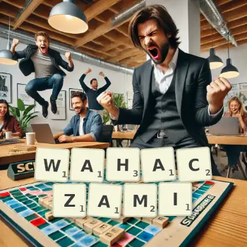 Kreatywna ilustracja do gry w Scrabble ze słowem WAHACZAMI ułożonym z płytek na planszy.
