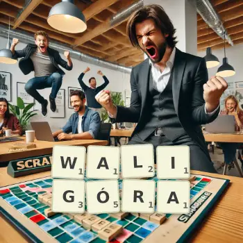 Kreatywna ilustracja do gry w Scrabble ze słowem WALIGÓRA ułożonym z płytek na planszy.