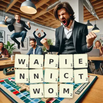 Kreatywna ilustracja do gry w Scrabble ze słowem WAPIENNICTWOM ułożonym z płytek na planszy.
