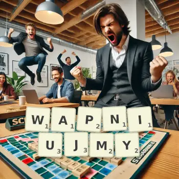 Kreatywna ilustracja do gry w Scrabble ze słowem WAPNIUJMY ułożonym z płytek na planszy.