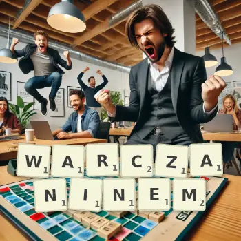 Kreatywna ilustracja do gry w Scrabble ze słowem WARCZANINEM ułożonym z płytek na planszy.