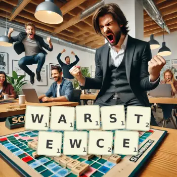Kreatywna ilustracja do gry w Scrabble ze słowem WARSTEWCE ułożonym z płytek na planszy.