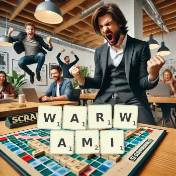 Kreatywna ilustracja do gry w Scrabble ze słowem WARWAMI ułożonym z płytek na planszy.