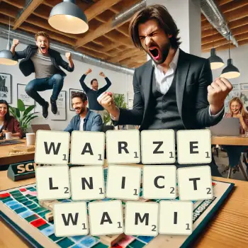 Kreatywna ilustracja do gry w Scrabble ze słowem WARZELNICTWAMI ułożonym z płytek na planszy.