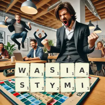 Kreatywna ilustracja do gry w Scrabble ze słowem WASIASTYMI ułożonym z płytek na planszy.