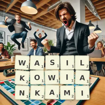 Kreatywna ilustracja do gry w Scrabble ze słowem WASILKOWIANKAMI ułożonym z płytek na planszy.