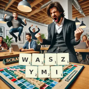 Kreatywna ilustracja do gry w Scrabble ze słowem WASZYMI ułożonym z płytek na planszy.