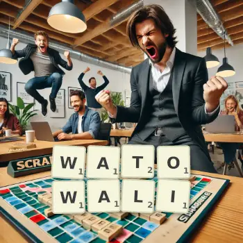 Kreatywna ilustracja do gry w Scrabble ze słowem WATOWALI ułożonym z płytek na planszy.