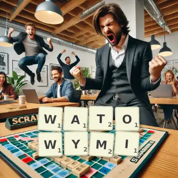 Kreatywna ilustracja do gry w Scrabble ze słowem WATOWYMI ułożonym z płytek na planszy.