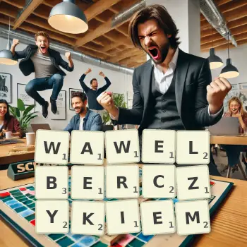 Kreatywna ilustracja do gry w Scrabble ze słowem WAWELBERCZYKIEM ułożonym z płytek na planszy.